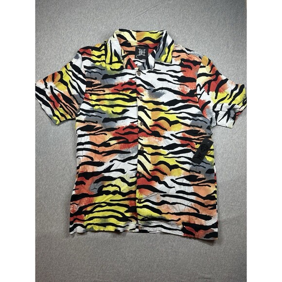 Ed Hardy Shirt Mens Medium Camp SS Tiger Stripe Print Button‎ Up Y2K NWT NEW - Picture 1 of 7